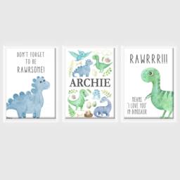Blue Green Dinosaur Boys A4 Or A3 Bedroom Nursery Set Of 3 Unframed Prints Grey Dino - thumbnail 3