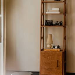 Mid Century Bookcase With Cabinet, Wooden Bookcase, Vintage Ladder Bookshelf, Scandinavian Japandi Bookcase - thumbnail 2