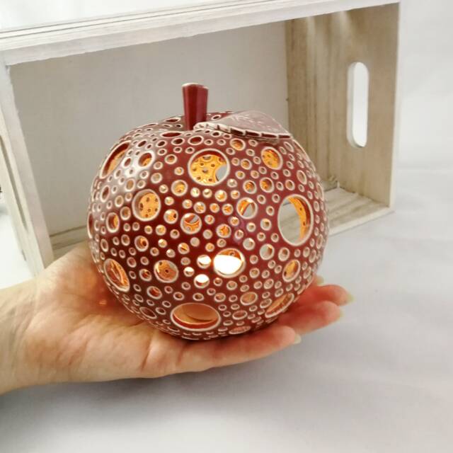 Red Apple Tea Light Holder Hand-Carved Ceramic Lantern, Christmas Centerpiece - image 1