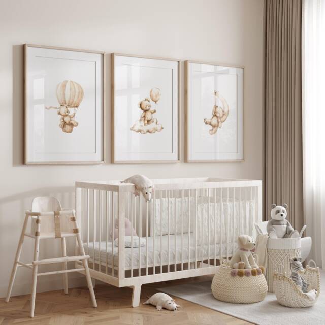 Teddy Bear Nursery Wall Art, Nursery Prints, Bear Decor, Beige Nursery, Stars Cloud Moon, Set Of 3 - image 1