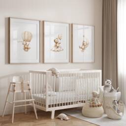 Teddy Bear Nursery Wall Art, Nursery Prints, Bear Decor, Beige Nursery, Stars Cloud Moon, Set Of 3 - thumbnail 1