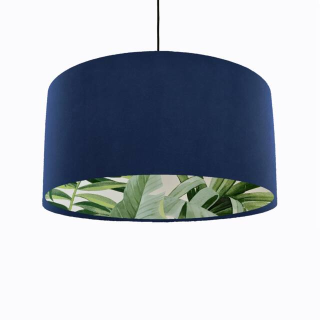 Navy Blue Velvet Drum Lampshade With Lush Green Leaves Lining, Large Dark Tropical Lightshade - image 1