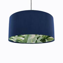 Navy Blue Velvet Drum Lampshade With Lush Green Leaves Lining, Large Dark Tropical Lightshade