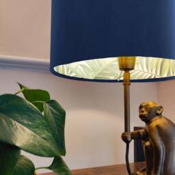 Navy Blue Velvet Drum Lampshade With Lush Green Leaves Lining, Large Dark Tropical Lightshade - thumbnail 2