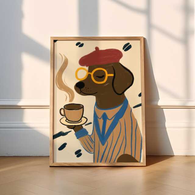 Dog Drinking Coffee Print - Funky - Funny, Dog, Coffee, Latte, Espresso, Tea, Brew, Good Morning, Kitchen, Poster, Abstract, Hallway, French - image 1