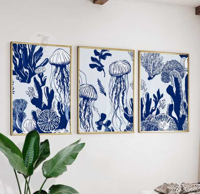 Navy Jellyfish Wall Art Set Of 3 - Coastal Ocean Prints Blue & White Sea Life Artwork Modern Marine Decor For Bathroom Or Living Room - image 1