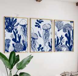 Navy Jellyfish Wall Art Set Of 3 - Coastal Ocean Prints Blue & White Sea Life Artwork Modern Marine Decor For Bathroom Or Living Room - thumbnail 1