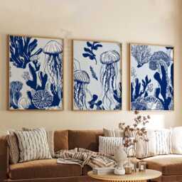 Navy Jellyfish Wall Art Set Of 3 - Coastal Ocean Prints Blue & White Sea Life Artwork Modern Marine Decor For Bathroom Or Living Room - thumbnail 3
