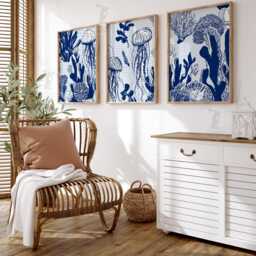 Navy Jellyfish Wall Art Set Of 3 - Coastal Ocean Prints Blue & White Sea Life Artwork Modern Marine Decor For Bathroom Or Living Room - thumbnail 2
