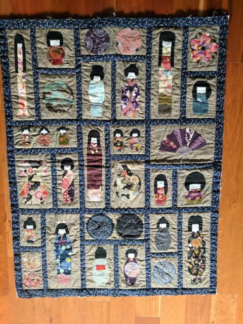 Handmade Japanese Fabric Patchwork/Applique - Kokeshi, Sashiko, Kimono Small Throw Cover, 124x93cm - image 1