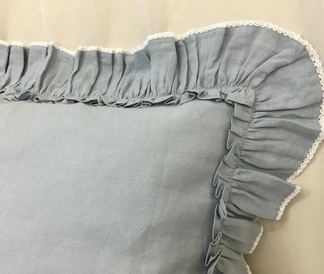 Duck Egg Blue Euro Sham Cover With Vintage Ruffles & White Lace, Accented Linen Euro Pillow Sham Covers, 16x16, 20x20, 24x24, 26x26, 28x28 - image 1