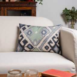 Jade Green & Blue Kilim Turkish Style Printed Boudoir Cushion Cover. Soft Linen-Blend Fabric. 17x12