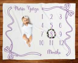 Baby Milestone Blanket Lavender Coquette Bow Girl Ribbon Month Marker Personalized Shower Gift New Mom - thumbnail 1
