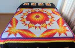 Custom Mariner Star Quilt, Amish Hand Stitched Quilt, Pink Yellow Orange Red Bed Cover, Heirloom Hand Quilted Fine Craftsmanship - thumbnail 1