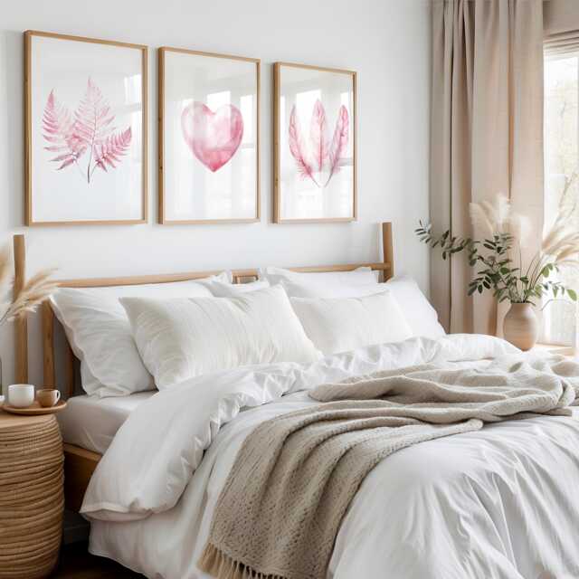 Pink Prints Wall Art Bedroom Set Of 3 Fashion Heart Print Decor Botancial Feather Watercolour - image 1