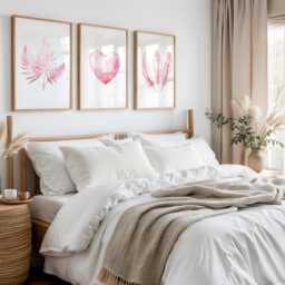 Pink Prints Wall Art Bedroom Set Of 3 Fashion Heart Print Decor Botancial Feather Watercolour - thumbnail 1
