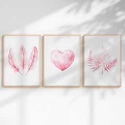 Pink Prints Wall Art Bedroom Set Of 3 Fashion Heart Print Decor Botancial Feather Watercolour - thumbnail 2