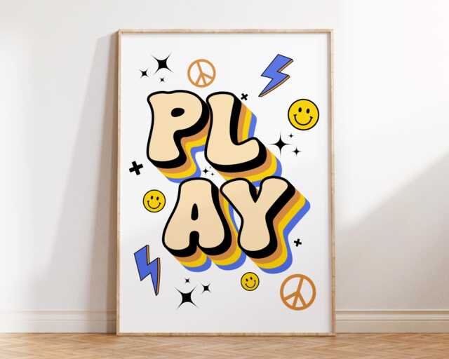 Play Quote Wall Art - Kids Bedroom Boys Poster Positive Quotes Playroom Nursery Print Retro Smile Fun Cool Kid Blue Prints - image 1