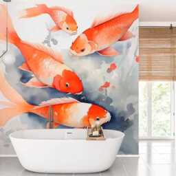Chinioserie Wall Mural Red Fishs Nursery Wallpaper Kids Room Sticker Watercolor Customizable Design Removable Fish Backdrop - thumbnail 3