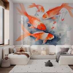Chinioserie Wall Mural Red Fishs Nursery Wallpaper Kids Room Sticker Watercolor Customizable Design Removable Fish Backdrop - thumbnail 1