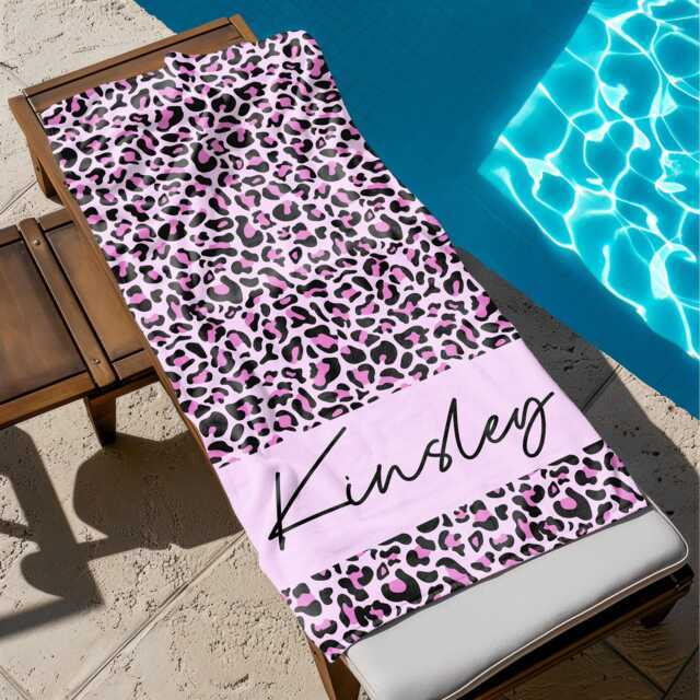 Custom Leopard Name Beach Towel, Personalized Monogram Pool Signature Towel For Kids, Vacation Gift, Picnic - image 1