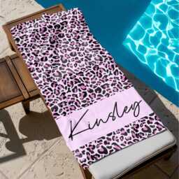 Custom Leopard Name Beach Towel, Personalized Monogram Pool Signature Towel For Kids, Vacation Gift, Picnic - thumbnail 1