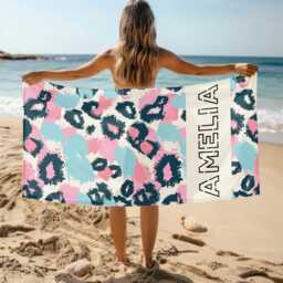 Custom Leopard Name Beach Towel, Personalized Monogram Pool Signature Towel For Kids, Vacation Gift, Picnic - thumbnail 2