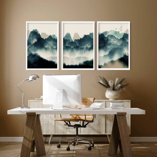 Nordic Scandinavian Set Of 3 Framed Wall Art Prints For A Calming Office Desk Decor, Teal Calming Designer Gallery - image 1