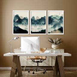 Nordic Scandinavian Set Of 3 Framed Wall Art Prints For A Calming Office Desk Decor, Teal Calming Designer Gallery - thumbnail 1