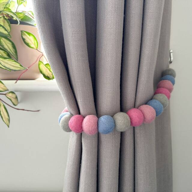 Pink & Blue Felt Ball Curtain Tie Backs - Pom Hold Custom Nursery Decor Baby Gift Colourful Pull - image 1