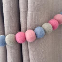 Pink & Blue Felt Ball Curtain Tie Backs - Pom Hold Custom Nursery Decor Baby Gift Colourful Pull - thumbnail 2