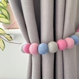 Pink & Blue Felt Ball Curtain Tie Backs - Pom Hold Custom Nursery Decor Baby Gift Colourful Pull - thumbnail 3