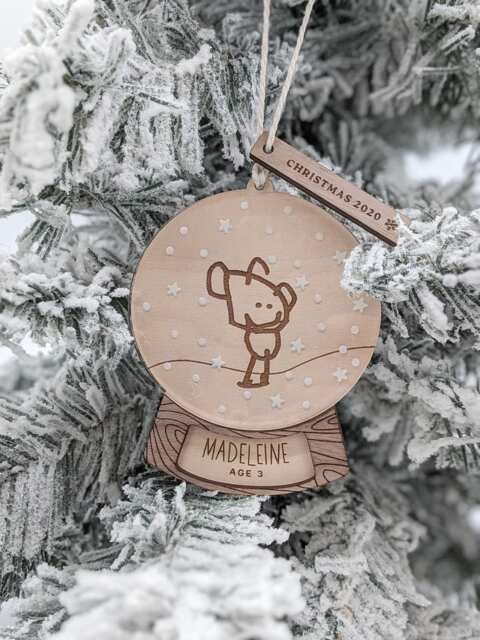 Your Child's Drawing Ornament, Snow Globe, Christmas Keepsake, Handwritten, Kid's Handwriting, Artwork, Personalized Name, Wood Engraved - image 1