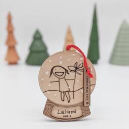 Your Child's Drawing Ornament, Snow Globe, Christmas Keepsake, Handwritten, Kid's Handwriting, Artwork, Personalized Name, Wood Engraved - thumbnail 3