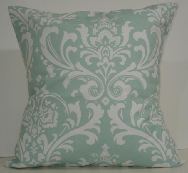 New 18x18 Inch Designer Handmade Pillow Case. Large Damask in Blue Green Damask