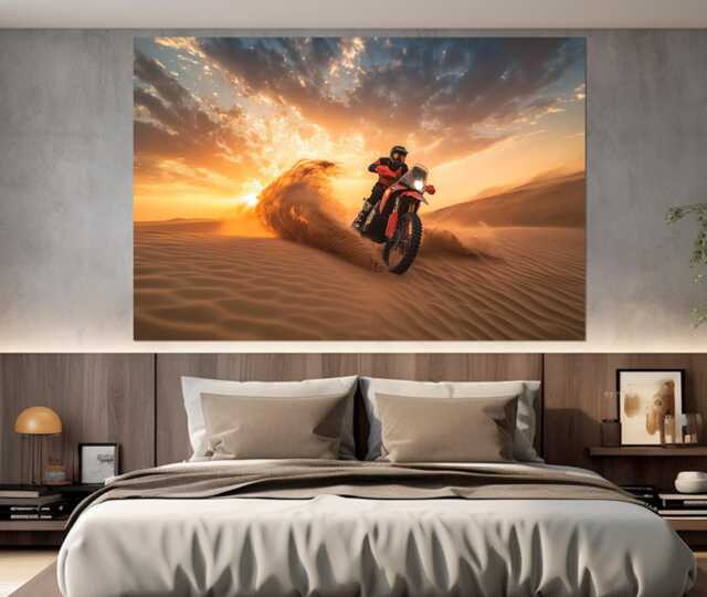 Abstract Biker At Sunset Canvas Print, Dirt Bikes Canvas, Motocross Wall Art, Gift, in Desert - image 1