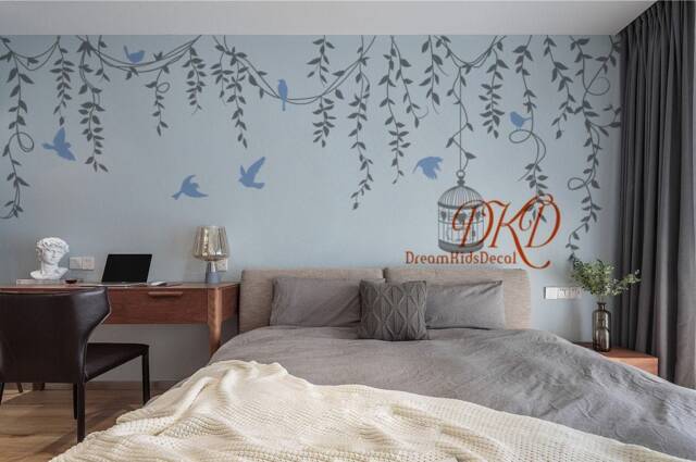 Hanging Branch Vines Decal, Wall Decals Birdcage Climbing Vine Birds Wall Sticker Living Room Art, Nursery Decal -Dk408 - image 1