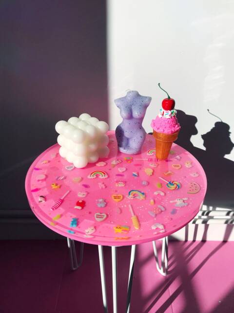 Resin Candy Table, Pink Coffee Cute Kids Funky Furniture, Kawaii Pastel Fun Dopamine Art - image 1