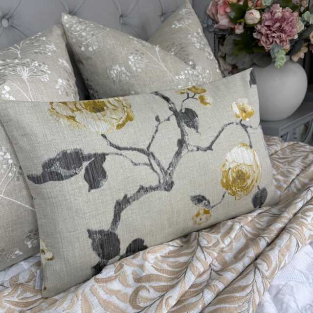 "Beige Ochre Floral Rose Cushion Cover, 12"" X 20" - image 1