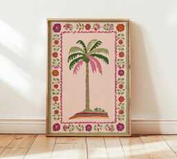 Folk Art Palm Tree Wall Art, Tropical Botanical Print, Pink Floral Border Poster, Boho Island Home Decor, Vibrant Coastal Artwork - thumbnail 1