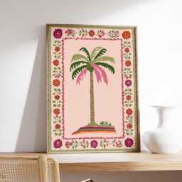 Folk Art Palm Tree Wall Art, Tropical Botanical Print, Pink Floral Border Poster, Boho Island Home Decor, Vibrant Coastal Artwork - thumbnail 3