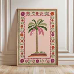 Folk Art Palm Tree Wall Art, Tropical Botanical Print, Pink Floral Border Poster, Boho Island Home Decor, Vibrant Coastal Artwork - thumbnail 2