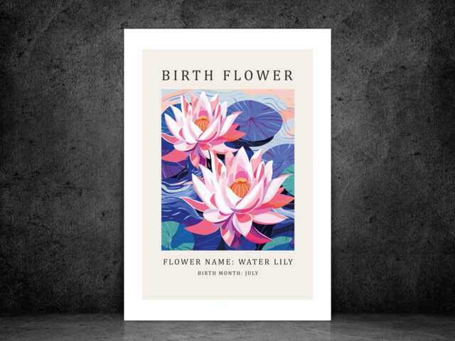 Birth Flower Print July Water Lily - Birthday Month Poster Botanical Wall Art Gift Idea A5 A4 A3 Framed Or Unframed - image 1