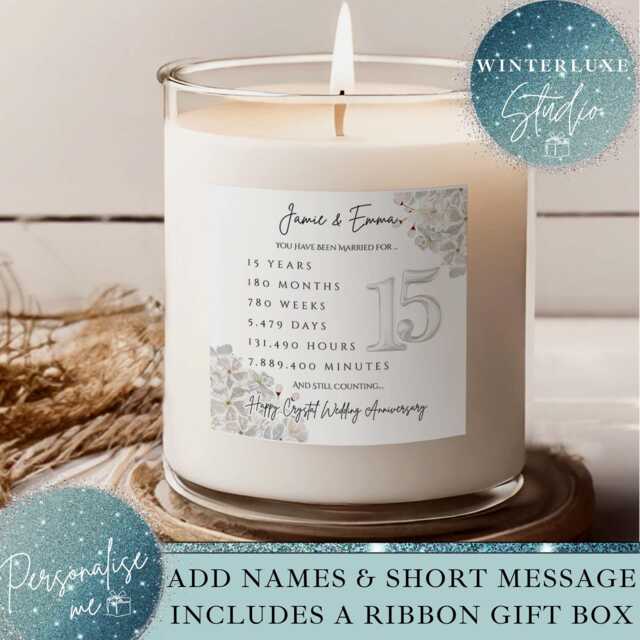 Personalised 15Th Wedding Anniversary Candle Gift Set, Crystal Anniversary, Milestone Candle, Keepsake Mum & Dad - image 1