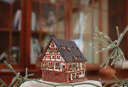 Handcrafted Ceramic Tealight Holder - Miniature Of Schiefes Hotel in Ulm, Germany Collectible House - thumbnail 1