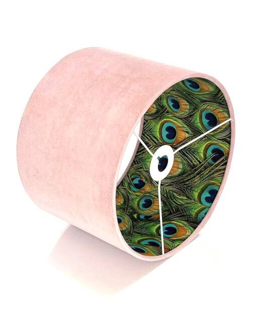 New Luxury Hq Double Sided Blush Baby Pink Velvet & Peacock Feathers Combination Lamp Shade Pendant Light - image 1
