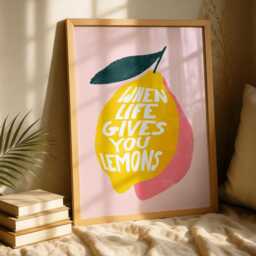 When Life Gives You Lemons Art - Lemon Print Kitchen Wall Funky Home Decor Pink Yellow - thumbnail 1