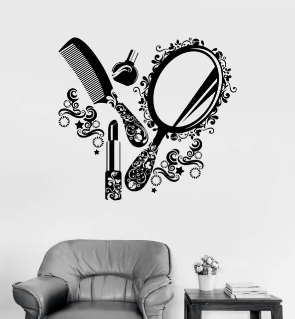 Vinyl Wall Decal Hair Beauty Salon Tools Cosmetics Make Up Floral Decor Room Stickers Mural - #2370Di - image 1