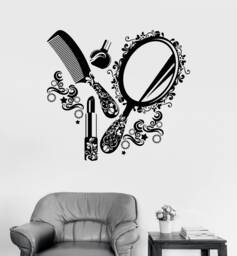 Vinyl Wall Decal Hair Beauty Salon Tools Cosmetics Make Up Floral Decor Room Stickers Mural - #2370Di - thumbnail 1