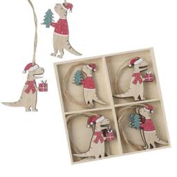 Set Of 8 Wooden Dinosaur Christmas Tree Decorations - Red Green Fun Dino Jurassic Park Kids Children Xmas Colourful Grandkids Unisex Gift
